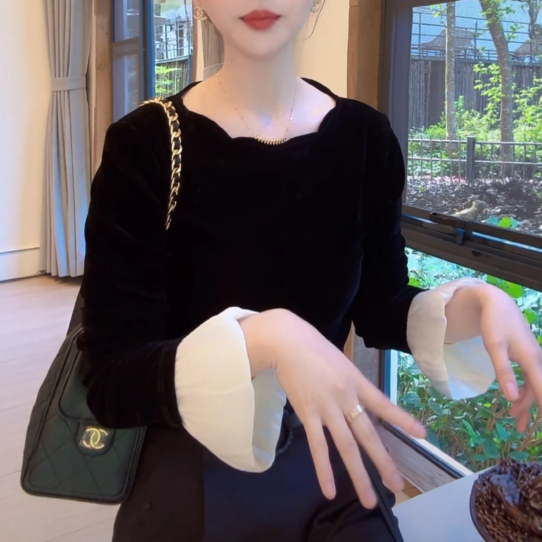 2025春秋季新款女士法式时尚一字领丝绒T恤气质喇叭袖打底衫上衣