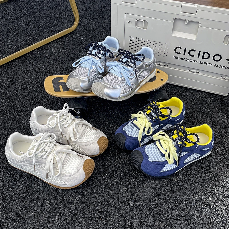 小歪头复古撞色平底德训鞋女2025年新款网面透气休闲运动高跟鞋