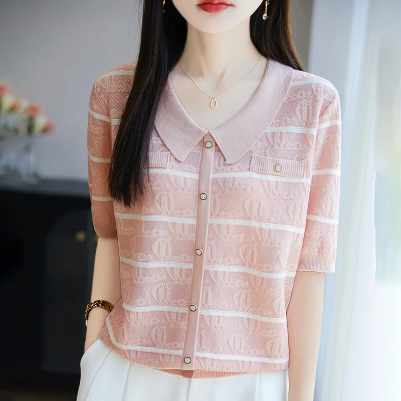 品牌撤柜清仓女装翻领针织衫宽松气质显瘦时尚POLO短袖条纹 T恤