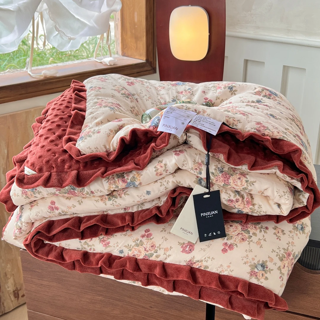 纯棉双层纱花边豆豆被全棉冬天棉被大豆被加厚保暖春秋被芯可机洗