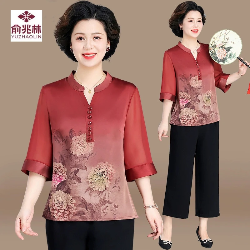 母亲节妈妈夏装国风套装洋气减龄中老年女夏季短袖雪纺上衣两件套