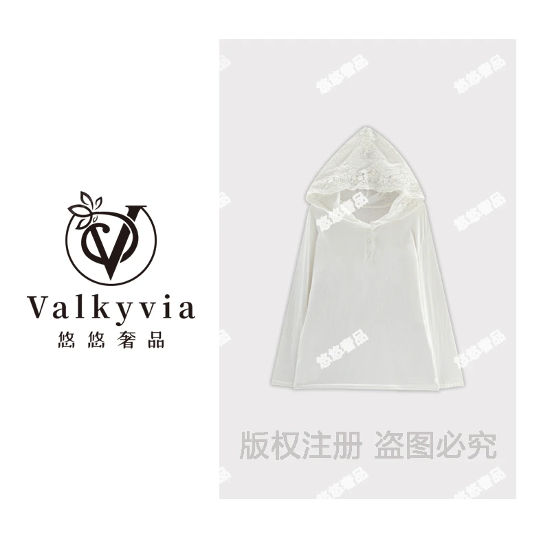【Valkyvia/悠悠奢品】蕾丝连帽款显瘦纯色打底T恤帽衫M1257