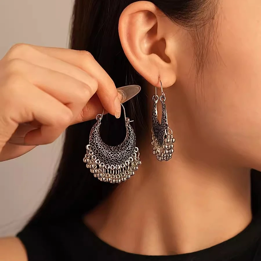 合金耳饰 民族风金属感花纹圆珠流苏耳扣耳环复古小众几何耳饰女