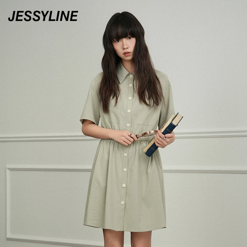 jessyline夏季新款女装 杰茜莱绿色短袖衬衫连衣裙 423111133