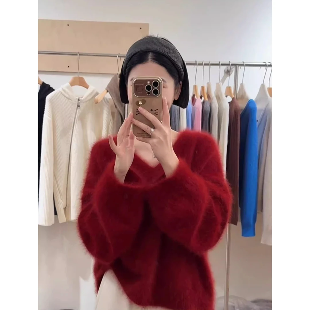 今年流行！红色本命年v领毛衣女秋冬新款新年小个子软糯针织衫上衣