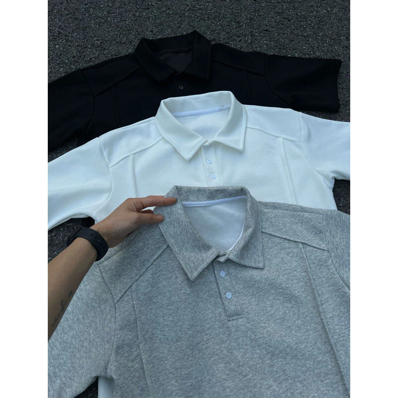 花灰色海鸥领短袖Polo衫男款夏季重磅解构拼接t恤高级感正肩半袖