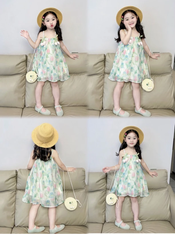 中小童女童连衣裙2025夏季新款韩版洋气郁金香裙女宝无袖吊带裙
