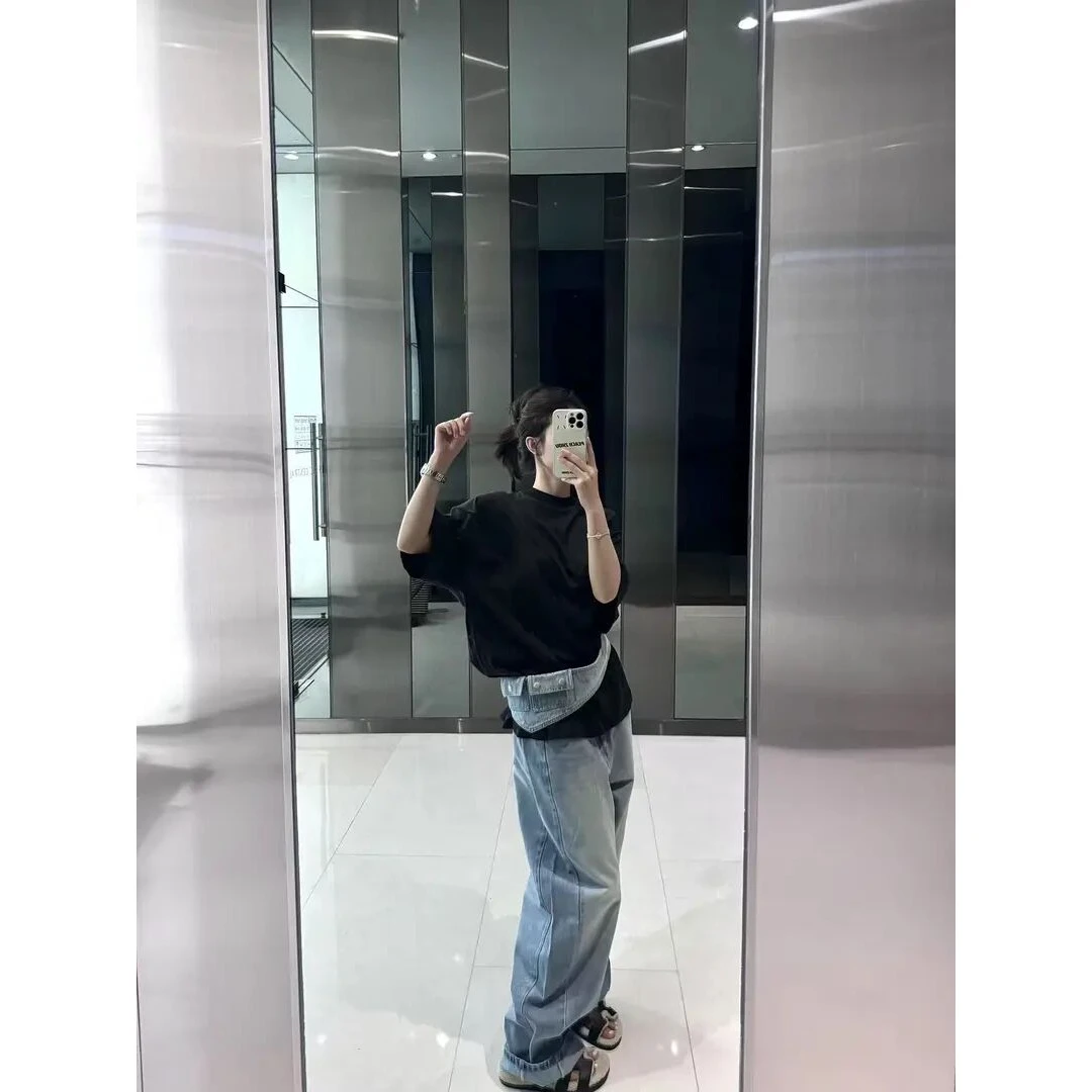 2025夏季新款韩系宽松显瘦黑色短袖T恤复古高腰阔腿牛仔裤两件套