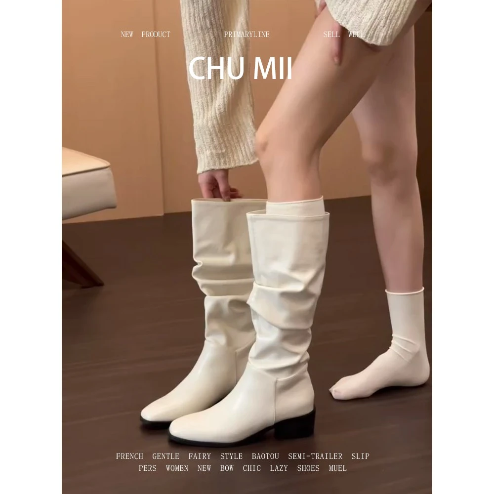 羊皮版潮法式白色褶皱堆堆靴女英伦风粗跟长筒靴气质不过膝骑士靴