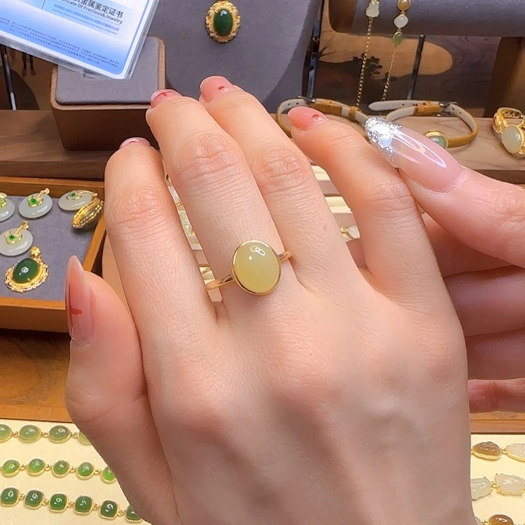 和田玉戒指银S925镀金镶嵌