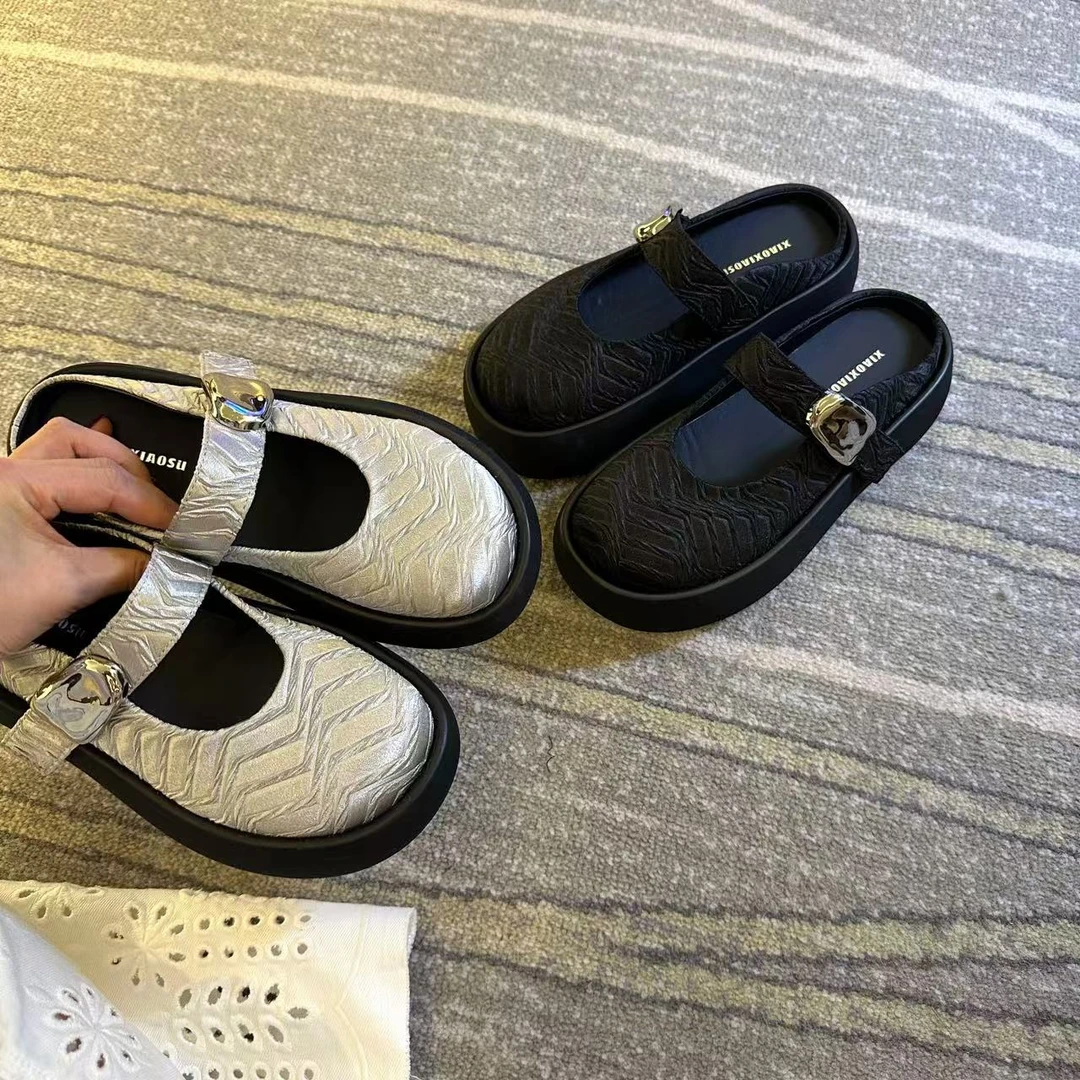 现货下午飞 | 国风缎面勃肯玛丽珍 | 一字带包头半拖鞋女外穿厚底