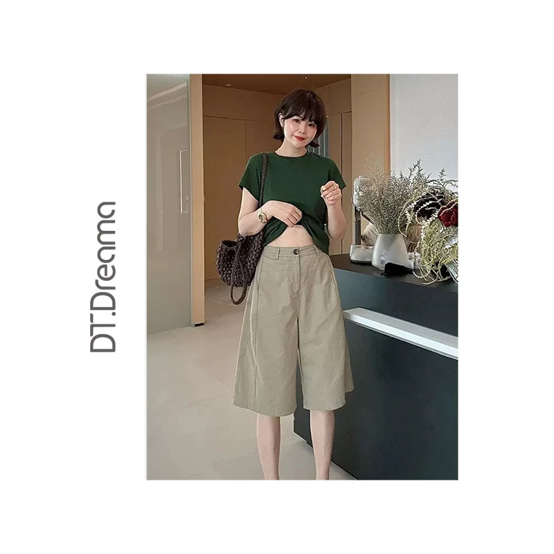 夏季新款设计感高腰显瘦百搭阔腿休闲裤五分直筒裤宽松