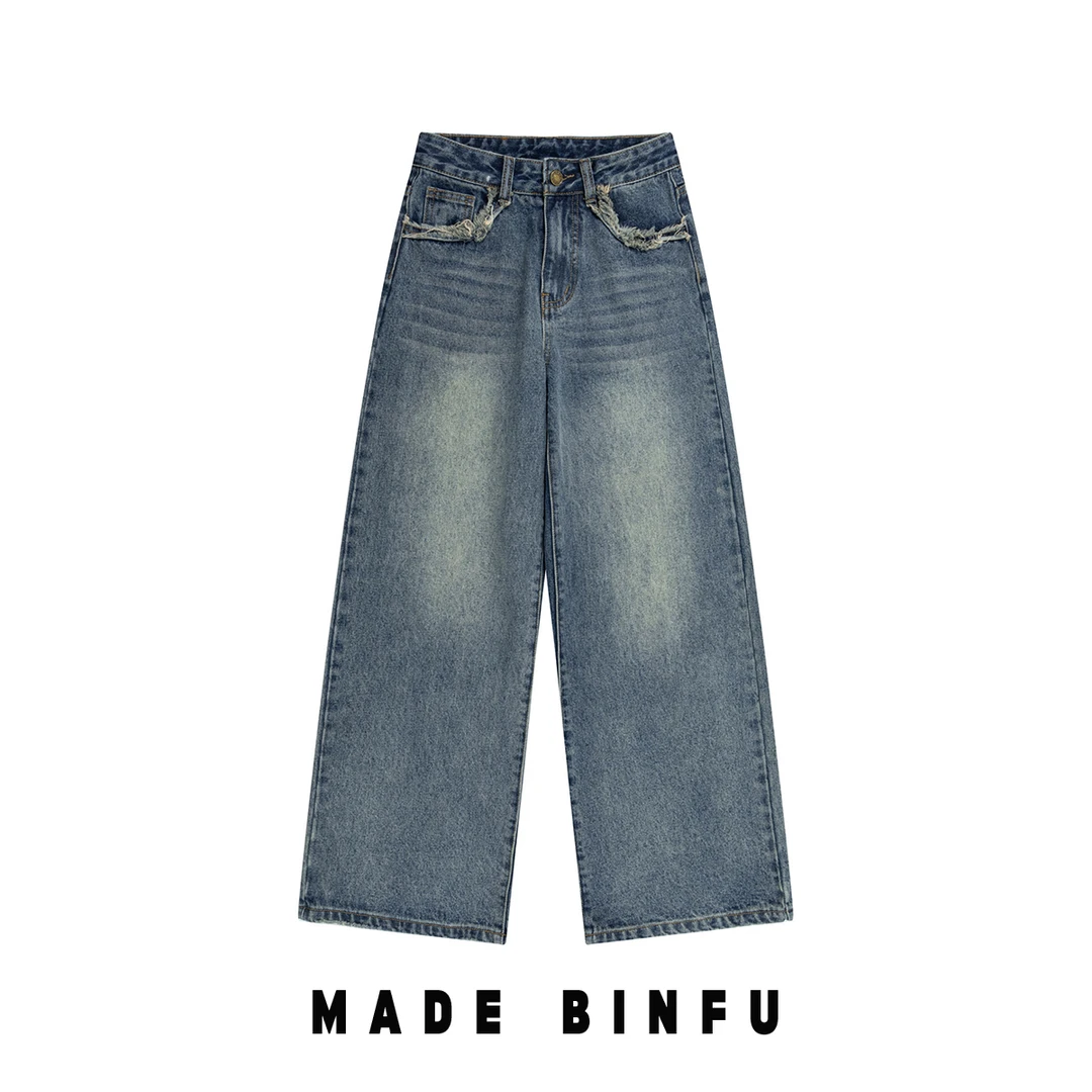 BINFU 新款简约复古蓝男女同款设计感口袋毛边简约高级长裤牛仔裤