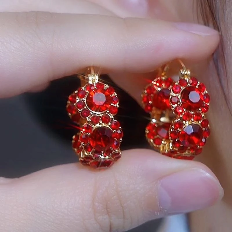 合金合成锆石耳饰 小众设计镶嵌红色耳扣女气质耳环耳钉通勤耳饰