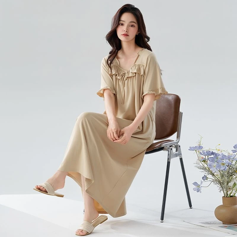 2025夏季莫代尔睡裙女长款连体裙纯色简约宽松200斤可外穿家居服