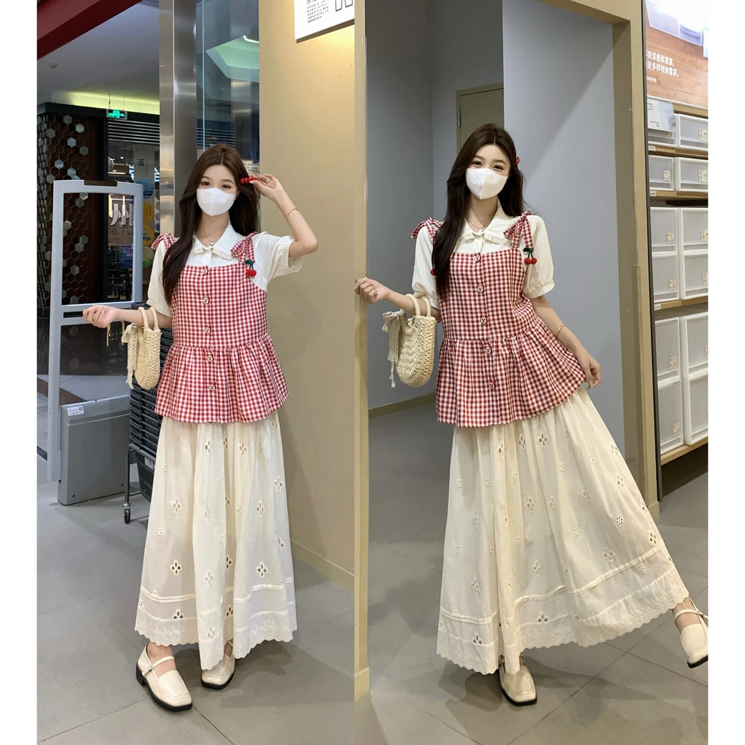 【元气少女】樱桃红格子假两件花边娃娃领宽松衬衫