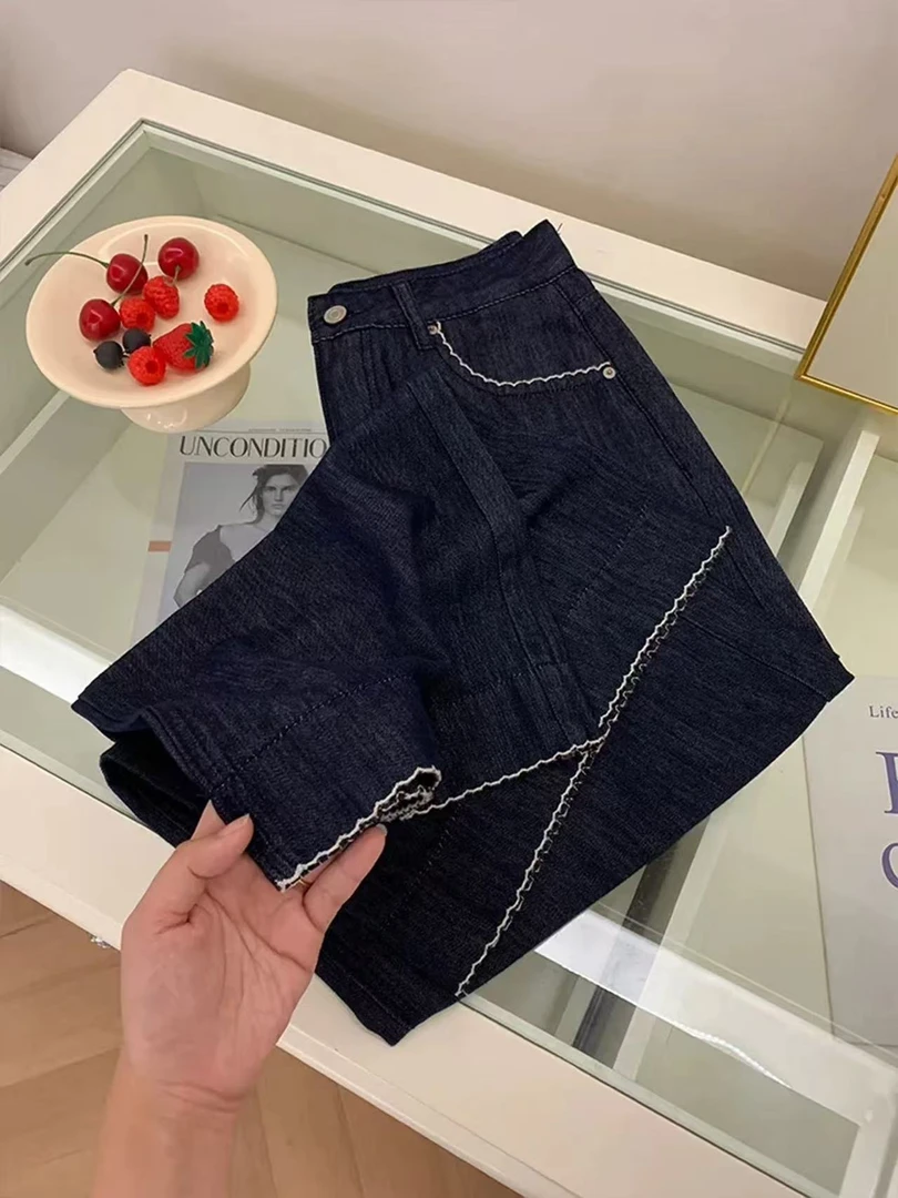 莱赛尔天丝九分刺绣直筒裤夏季新款梨型身材显瘦宽松防褪色牛仔裤