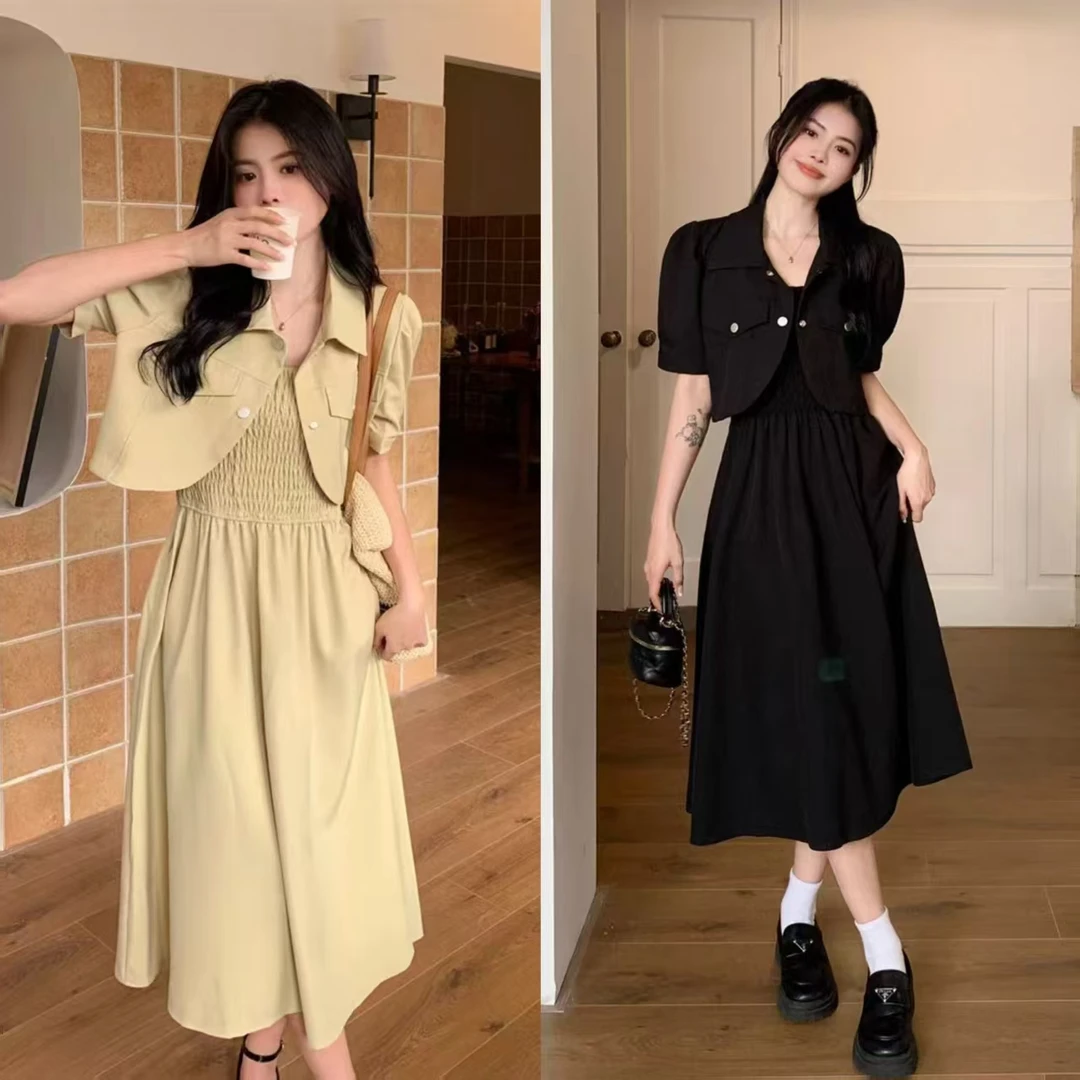 大码微胖连衣裙夏季新款裙子两件套胖MM高级感显瘦吊带裙套装1730