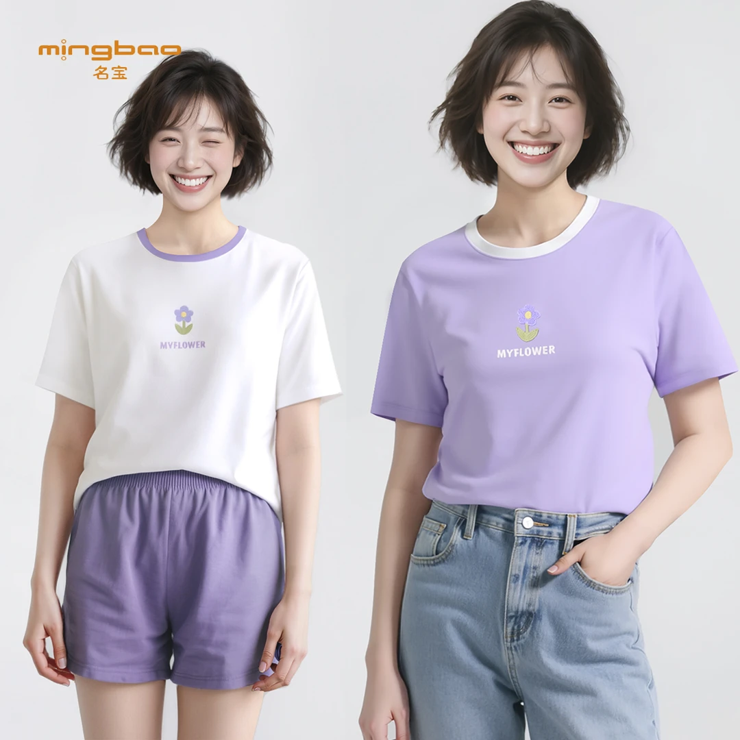 名宝女士丝光棉半袖NSL2039夏季纯棉丝光棉家居外出休闲圆领印花T