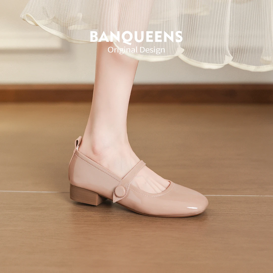 头层猪皮版！半曲红色单鞋女软底方头浅口法式甜美真皮玛丽珍鞋女