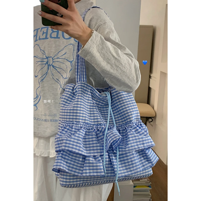 少女学院风格子帆布包女2025新款时尚韩版腋下托特包大容量花边包