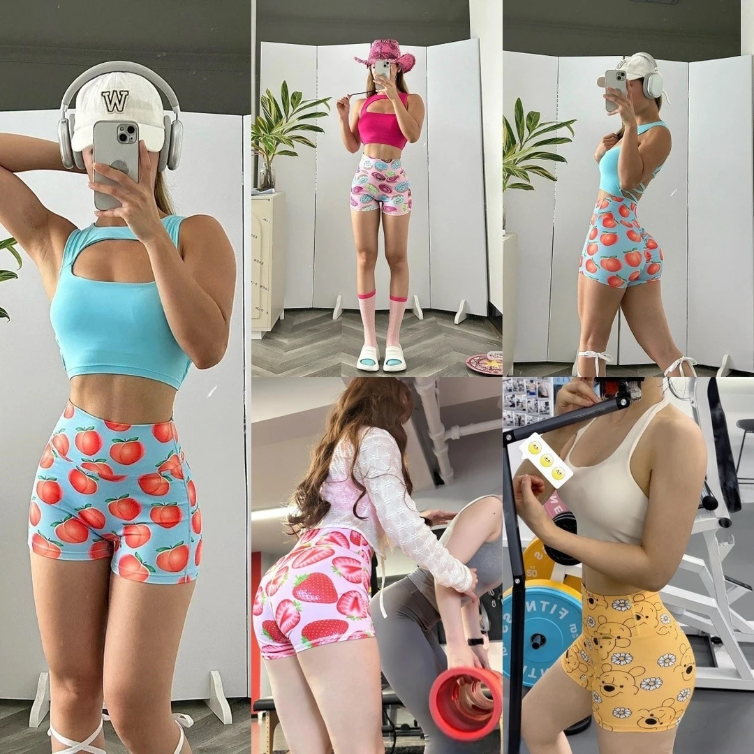 运动三分裤女紧身提臀外穿骑行健身短裤夏季水果印花蜜桃臀瑜伽裤