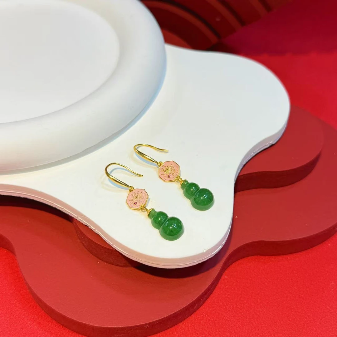 S925银镶嵌碧玉立体葫芦耳钩HNZ11762