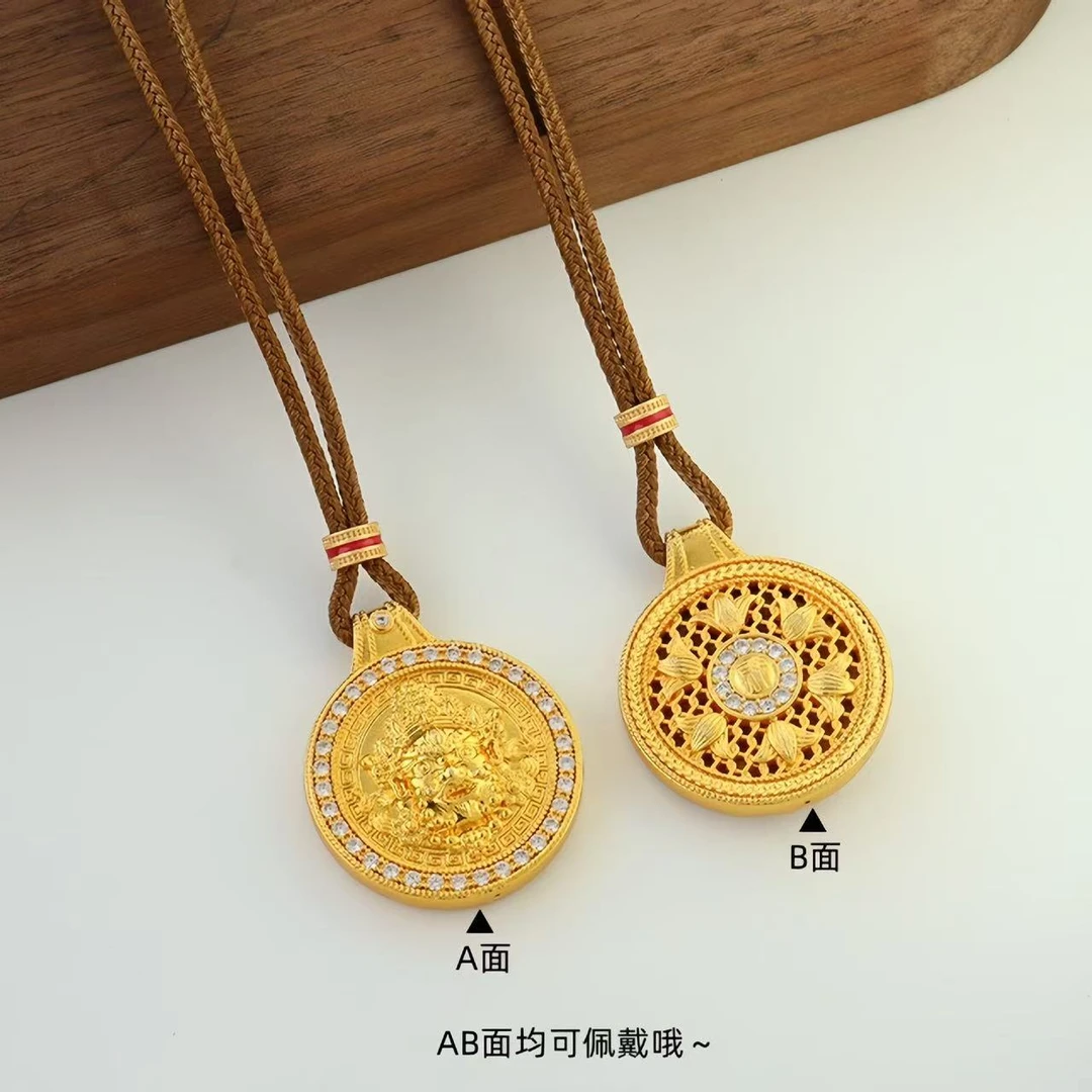 铜合成锆石项链 新中式轻奢黄财神罗盘吊坠手工编织项链SJ0113C