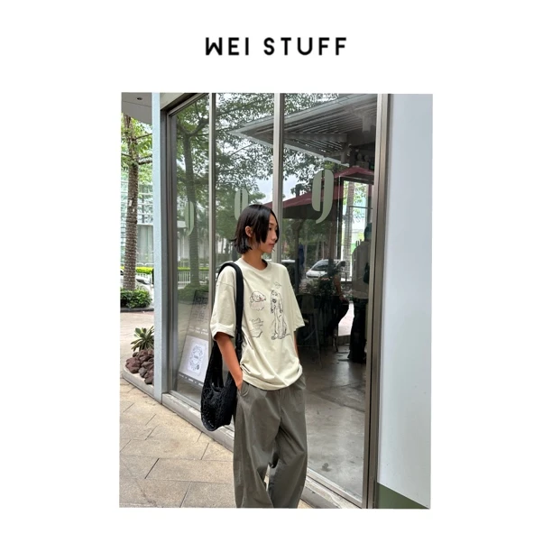 WEI STUFF “极简休闲” 夏季宽松圆领大质小质印花短袖T恤 9362