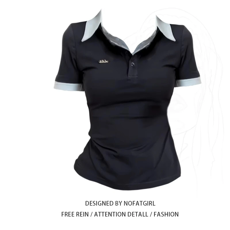 大码胖MM韩系假两件POLO领短袖T恤女夏季修身显瘦短款撞色上衣潮