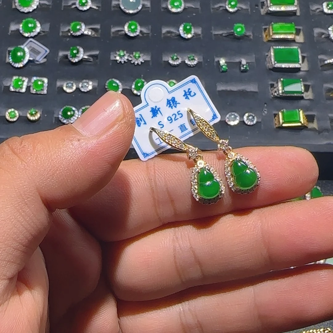 翡翠银S925镀金镶嵌耳饰