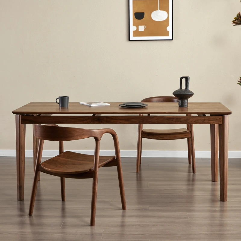 黑胡桃木餐桌桌子简约大板实木长方形长条家用餐厅全胡桃木茶桌