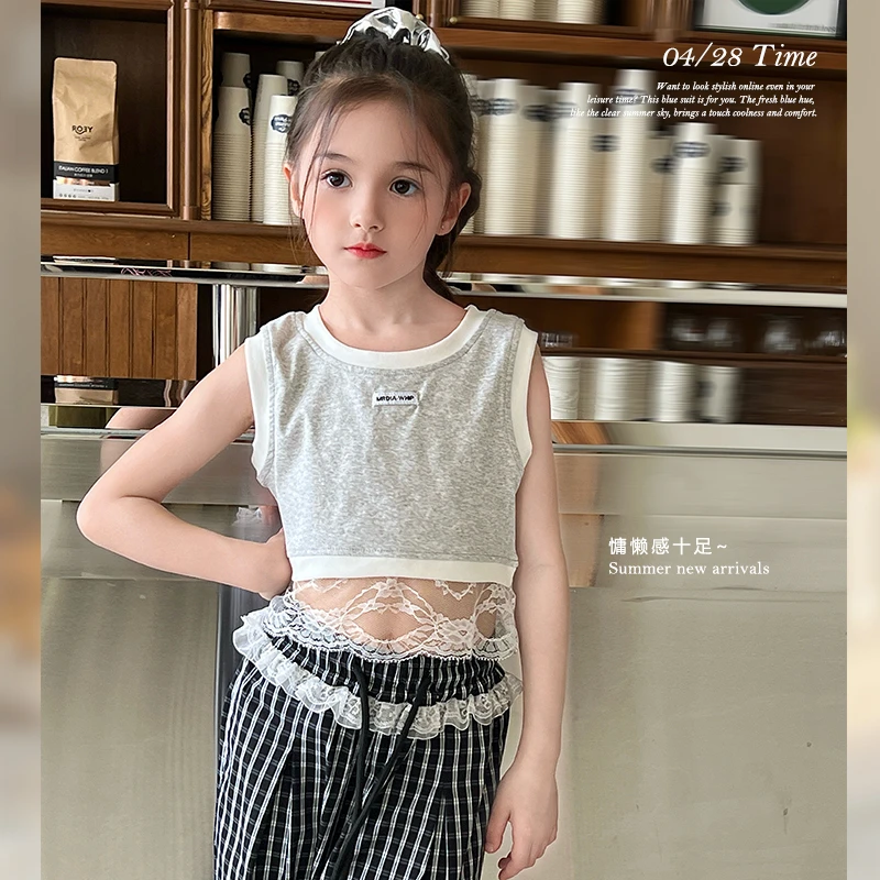 mini旦童装女童短袖T恤夏季新款儿童洋气花边无袖背心气质上衣潮