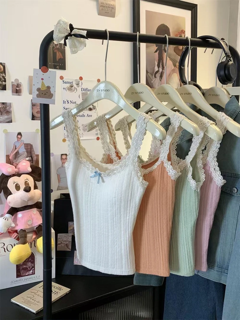 6860爆款夏季纯欲蕾丝花边蝴蝶结蕾丝吊带短款乳背心修身外穿上衣