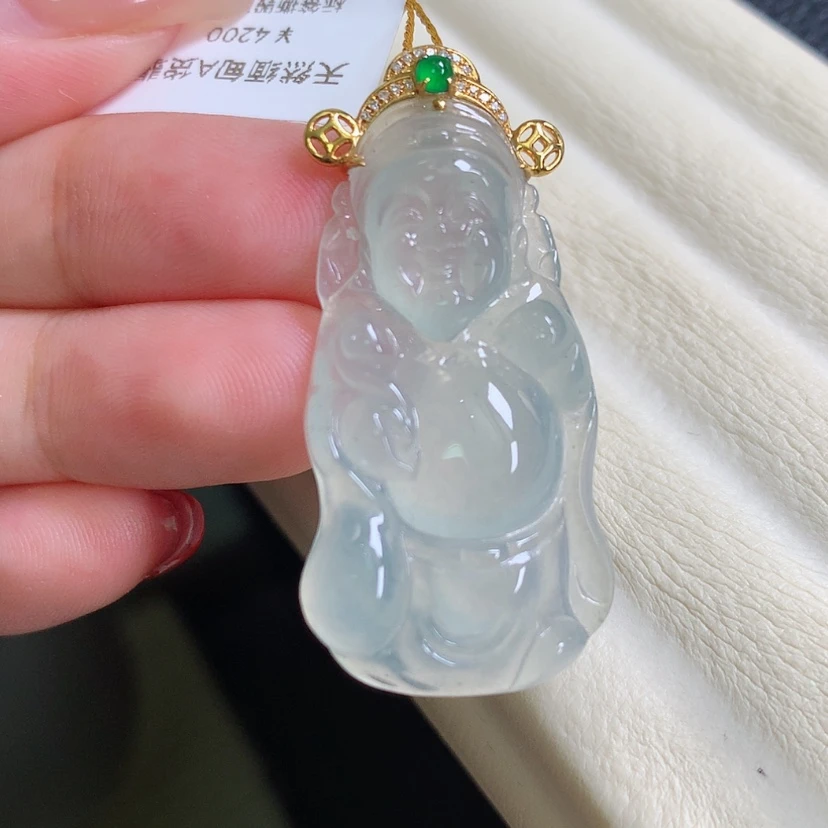 【闪购商品】翡翠18K金镶嵌颈饰财神
