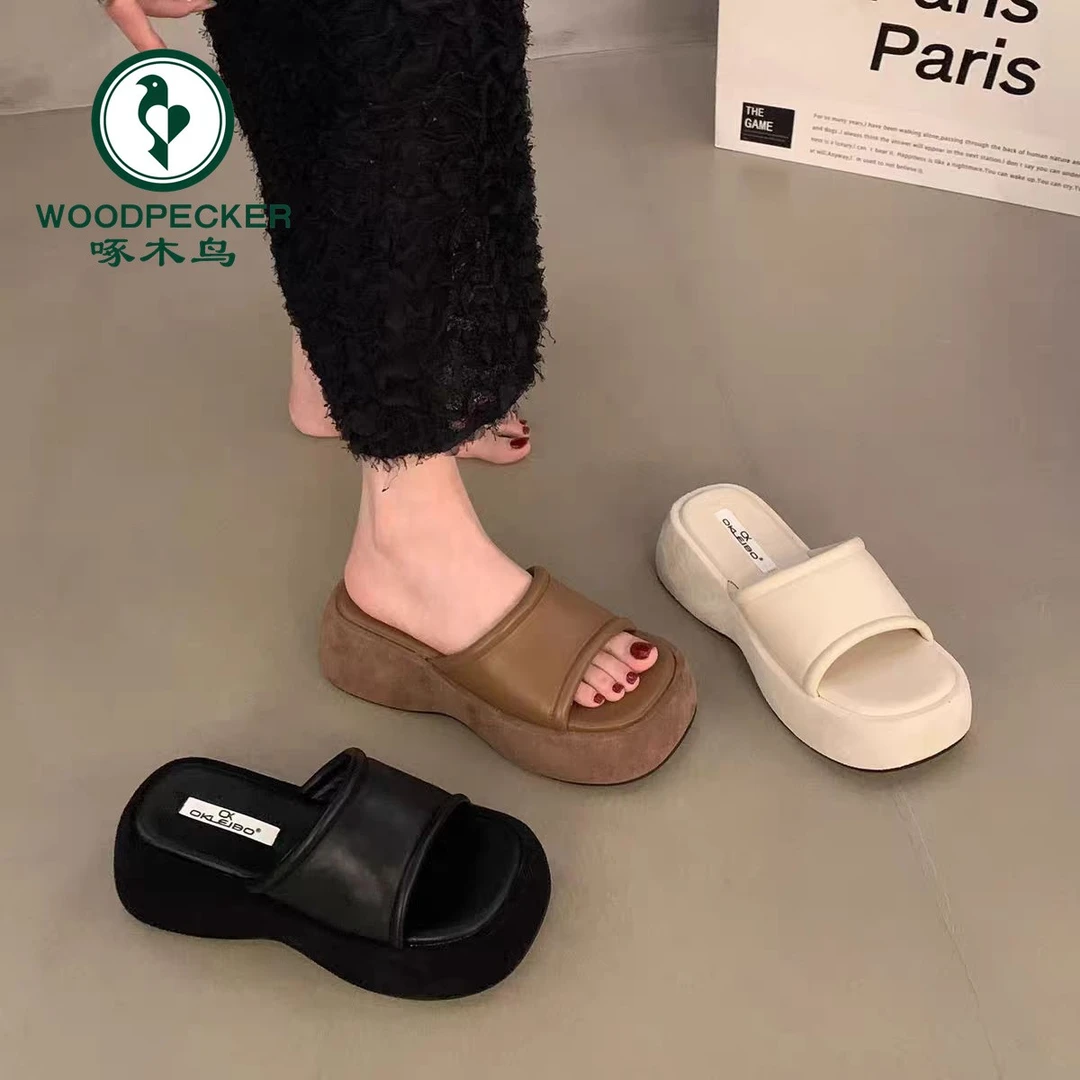 啄木鸟小个子增高厚底凉拖鞋女夏2024新款外穿黑色松糕底一字拖鞋