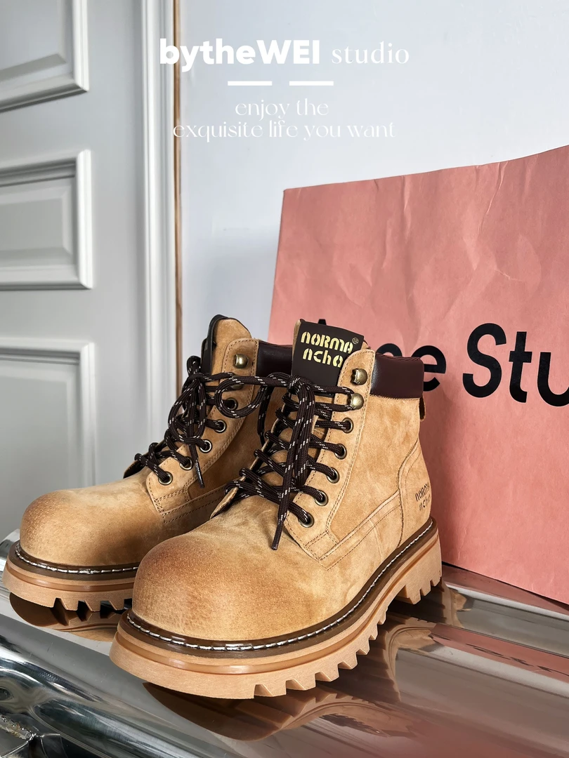 bytheWEI【旷野】厚底擦色经典复古百搭大黄靴工装靴系带短靴363-9