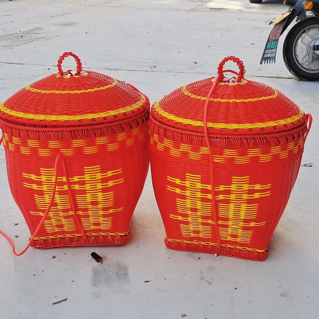 圆形大号塑料手提编织箩筐结婚家用收纳环保拜神喜庆农村老式背篓