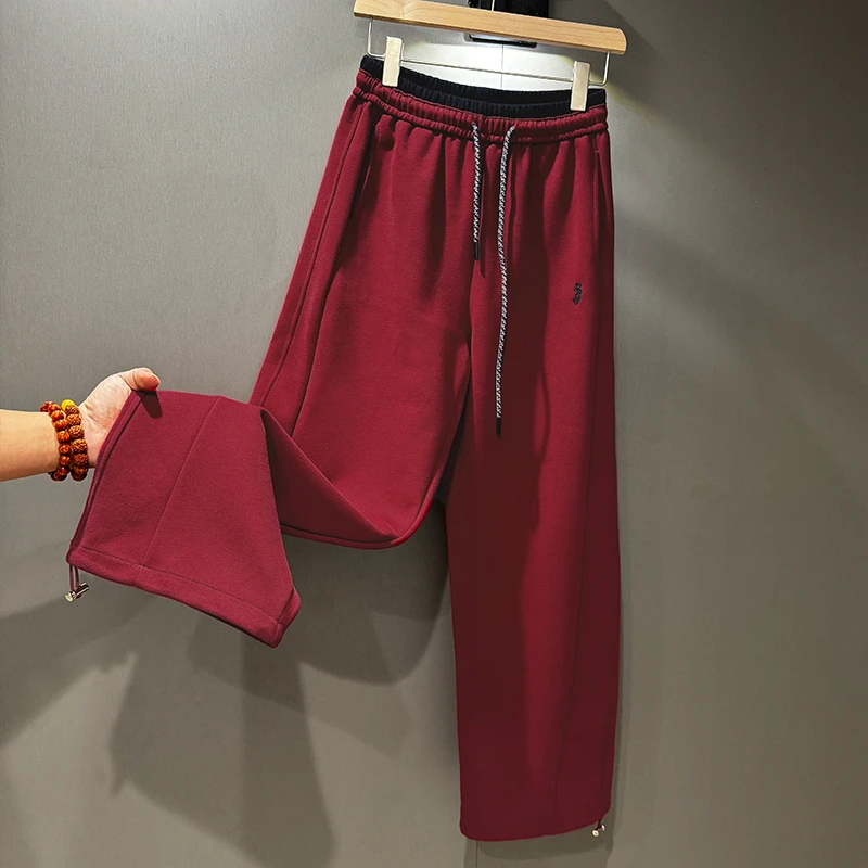 秋季新款刺绣拼色高腰显瘦弯刀阔腿裤女宽松百搭拼接休闲香蕉长裤