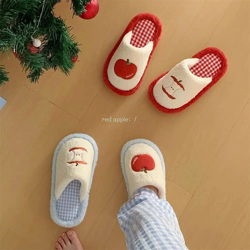 冬季少女心毛毛鞋可爱红苹果棉拖鞋防滑女居家地板月子鞋室内棉鞋