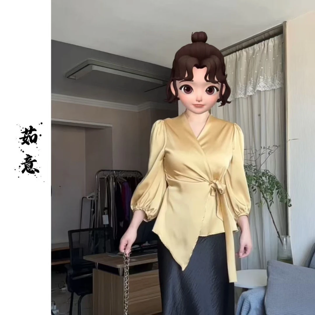 性感纯欲风V领衬衫女秋2025新款高级感成熟御姐紫色绑带上衣