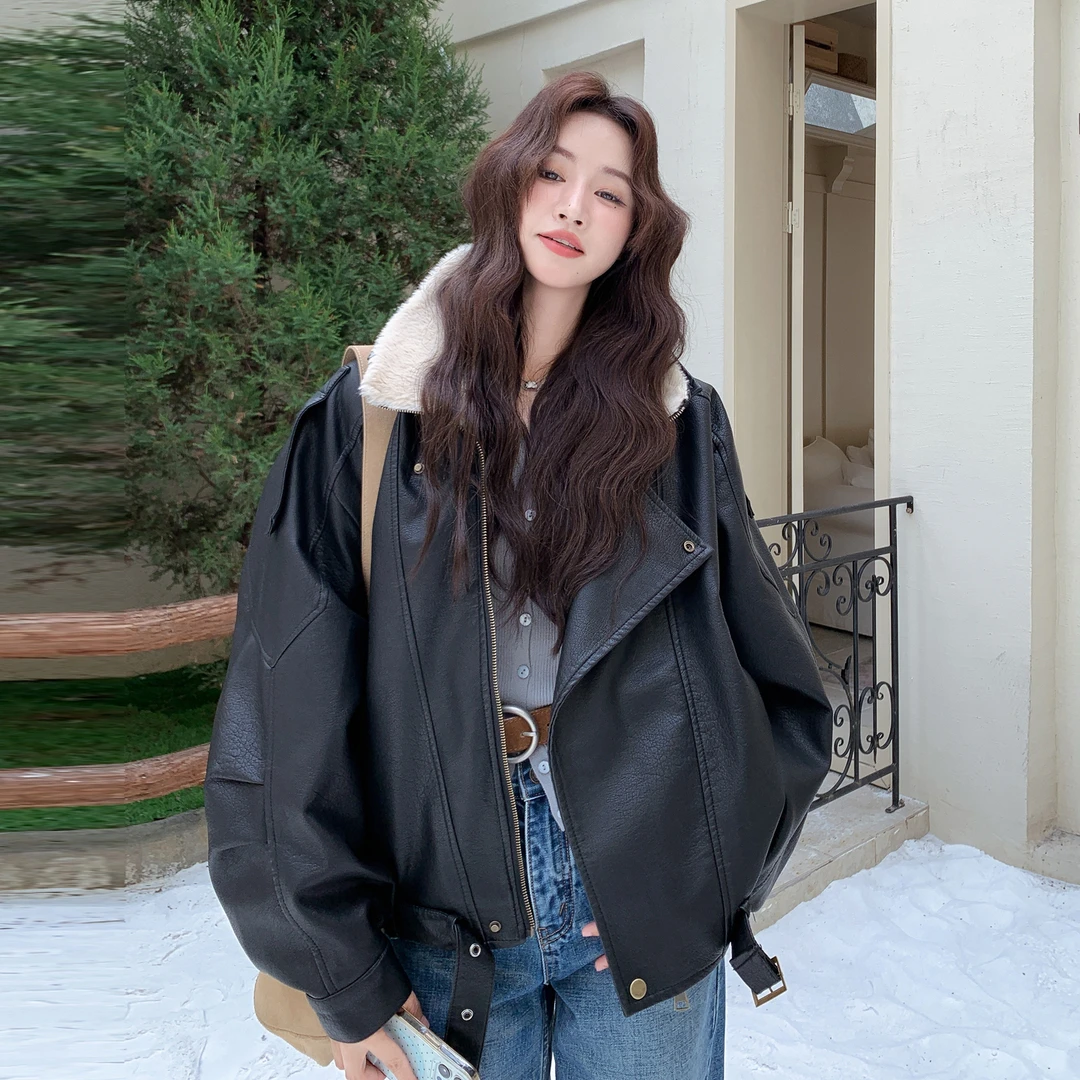 皮毛一体羊羔毛皮衣棉服外套女2025冬季新款酷飒风黑色小个子棉袄