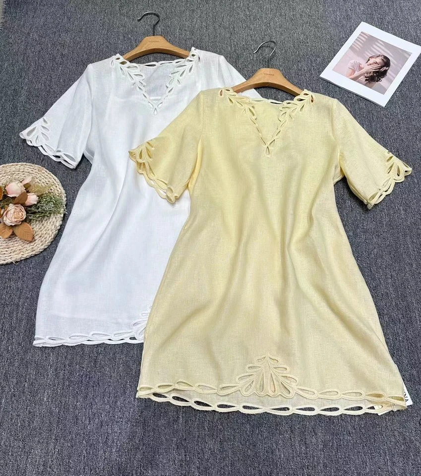 简约百搭时尚海岛假日镂空定制绣花干爽亚麻A字显瘦T恤/连衣裙女