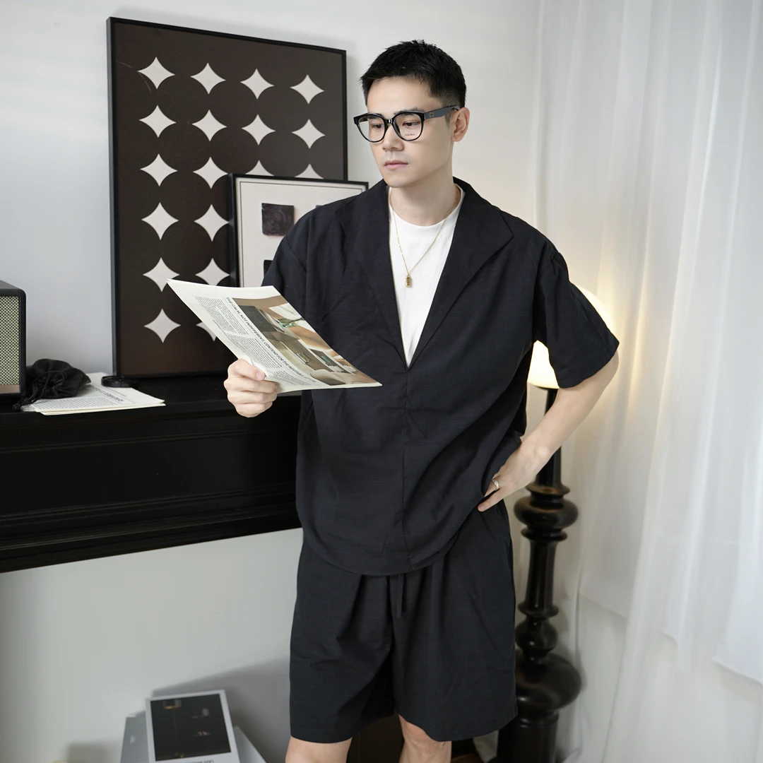 【2哥】夏季亚麻天丝套装老钱风松弛感高级男生套装短袖短裤两件套