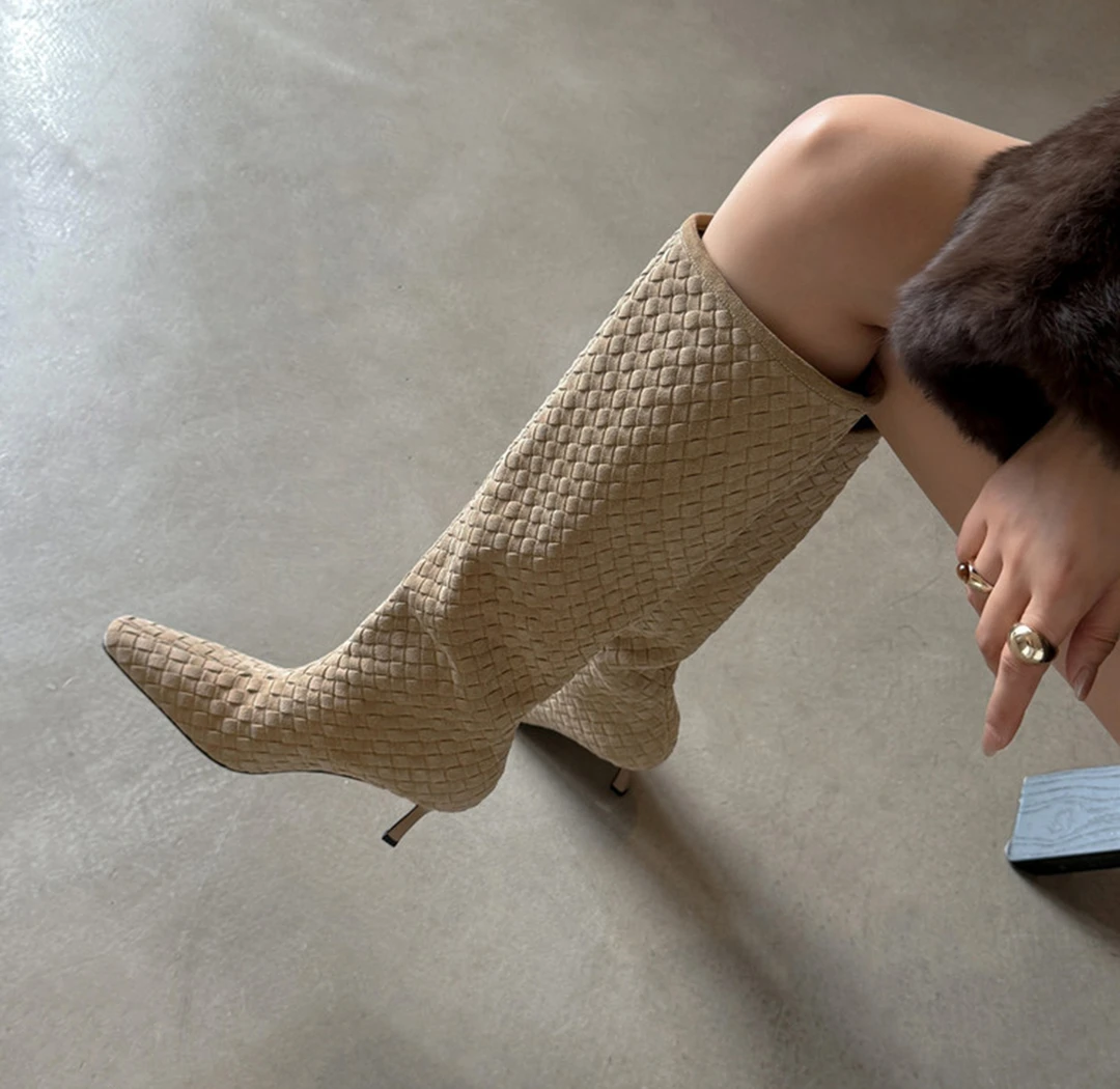 真皮编织欧美小方头高跟不过膝长靴女2025秋冬新款细跟及膝高筒靴