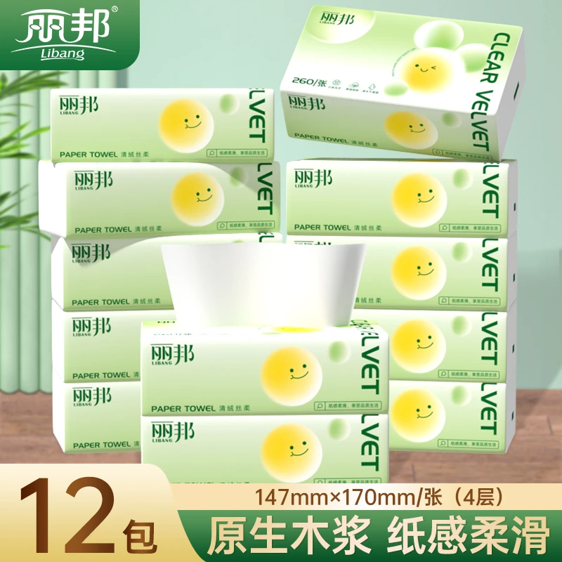 丽邦清绒丝柔4层260张12包面巾纸家用抽式卫生抽纸柔厚湿水不易破