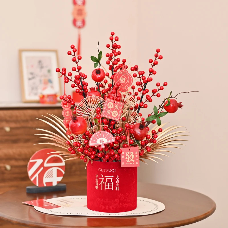 2025新年年宵花成品福桶插花束发财果过年花春节客厅喜庆装饰摆件