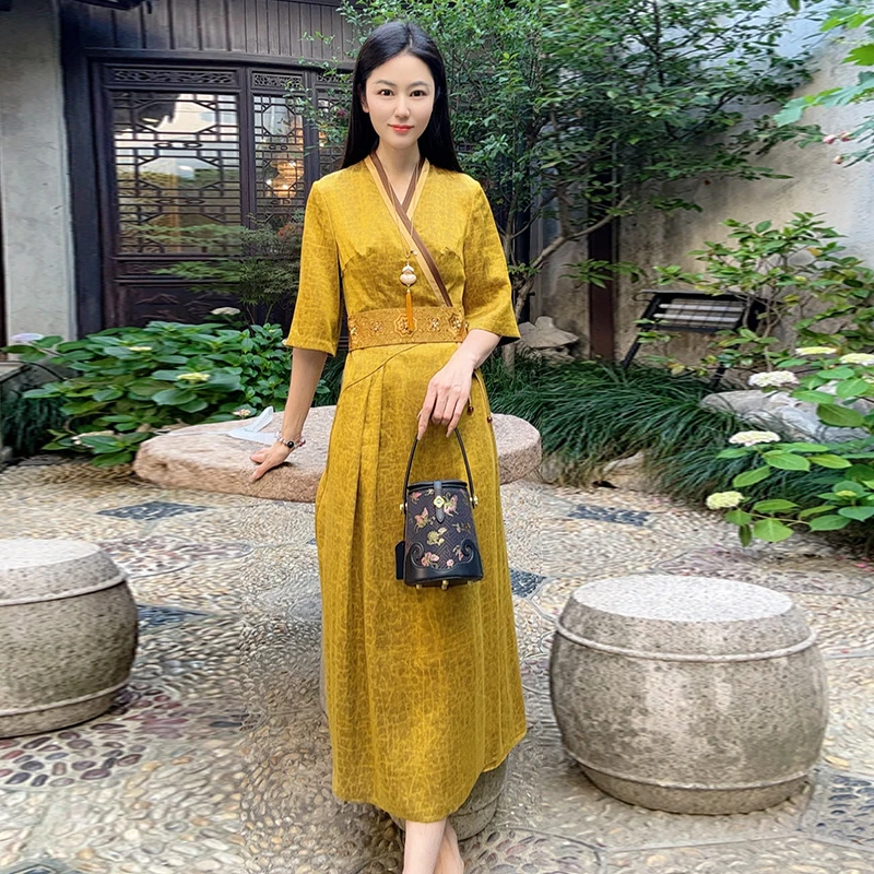 【大师系列】浒城古娘国风香云纱金缎龟百搭御苍穹连衣裙HBSS050257