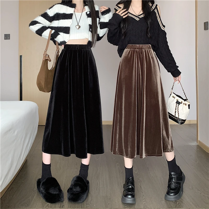 复古气质长裙秋冬黑色高腰A字百搭中长裙洋气显瘦金丝绒半身裙女