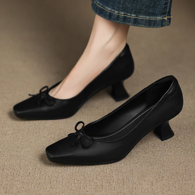 真皮气质通勤职业高跟鞋子百搭小众鞋子甜美蝴蝶结方头浅口单鞋女